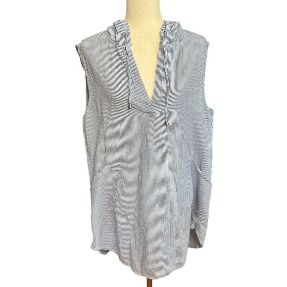 For Cynthia Other - For Cynthia Beachwear Shirt Women XL Blue White Stripe Linen Blend Hooded Tunic